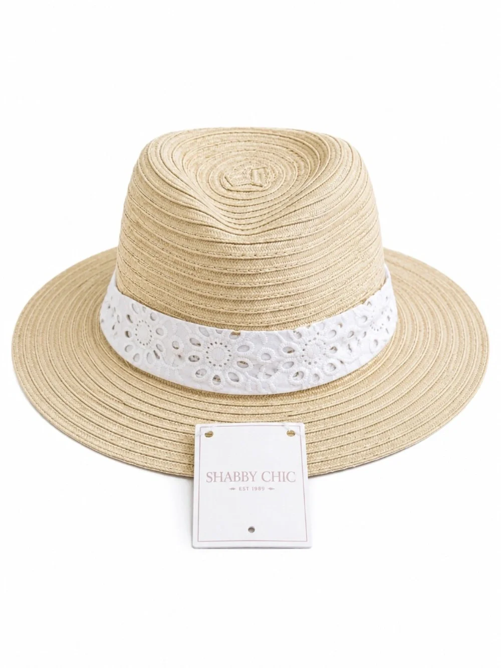 Shabby Chic Girls Straw Sun Hat Wide Brim White Eyelet Band NWT One Size